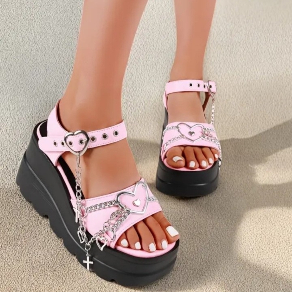 Pink Platform Sandals with Heart Accents